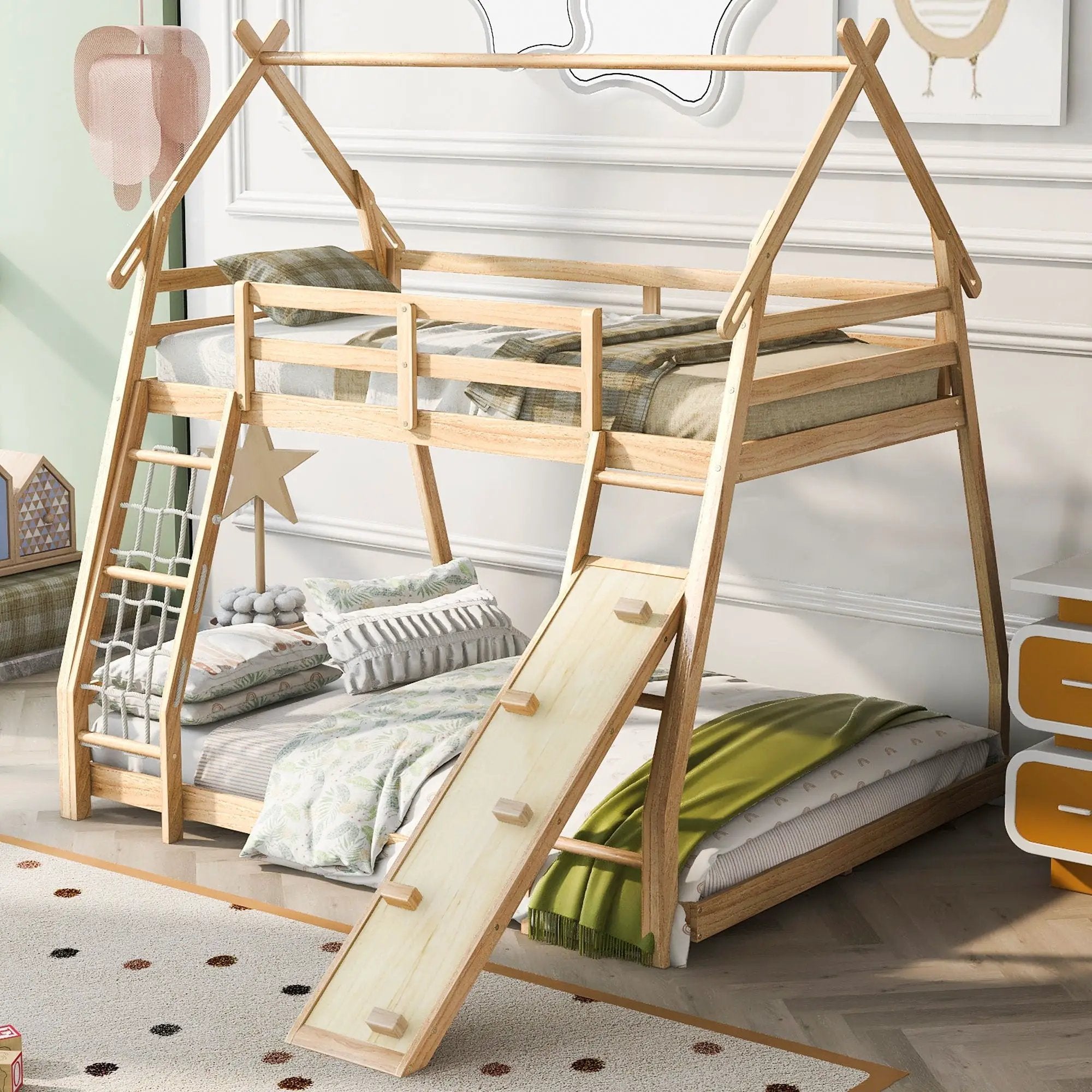 Georgiana - Twin Over Queen House Bunk Bed With Climbing Nets And Climbing Ramp by Unique Piece Furniture