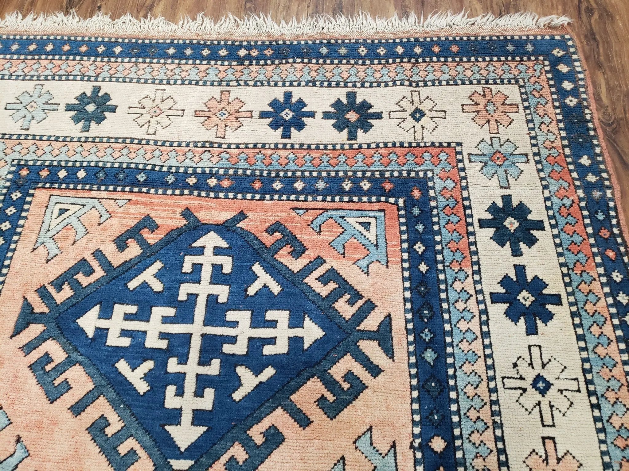 Turkish Kazak Rug 5x8 ft, Bold Geometric Bohemian Carpet, Blue and Ivory Hand Knotted Area Rug, Medium Sized High Quality Wool Oriental Rug by Jewel Rugs