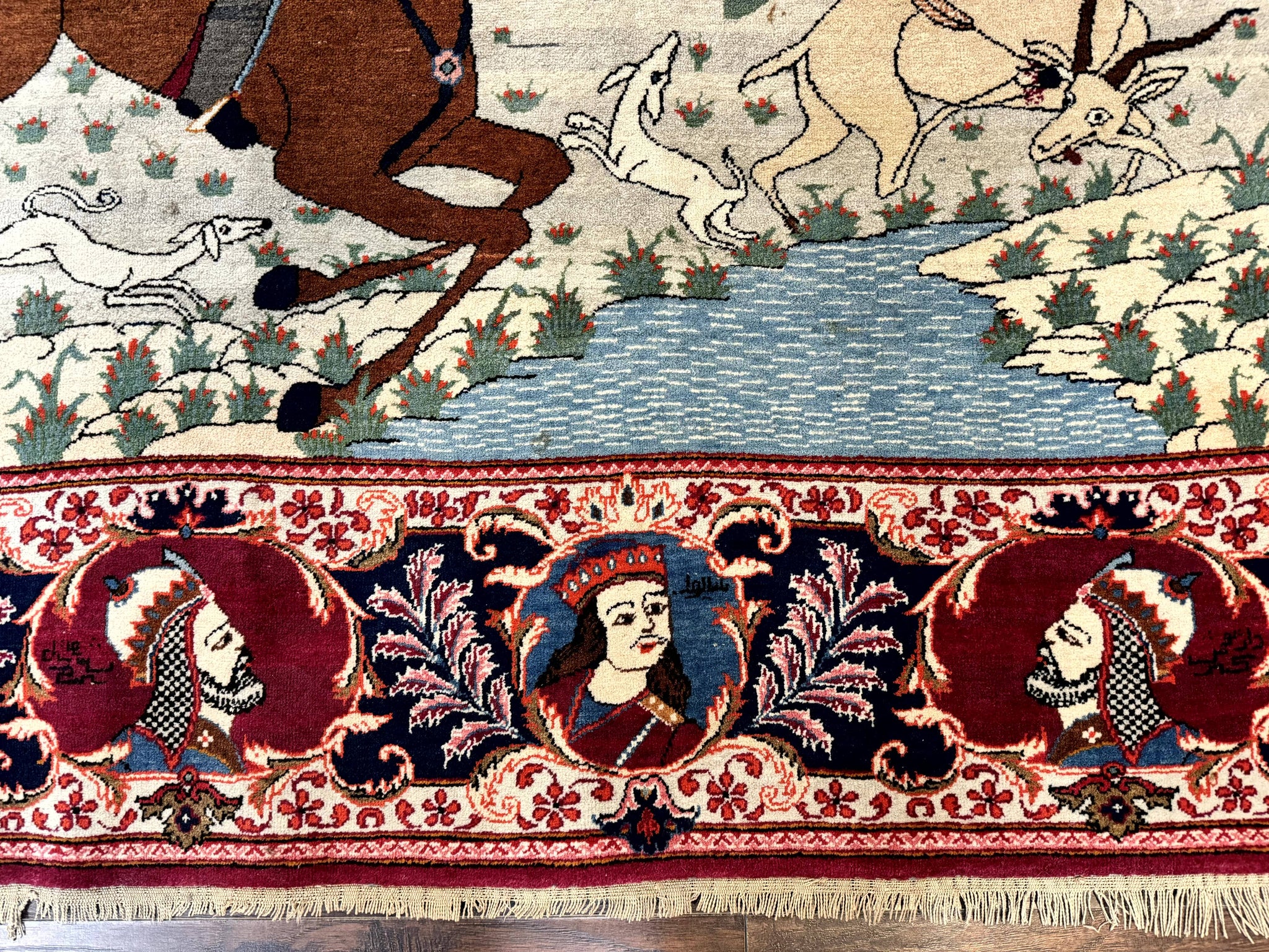 Rare Persian Kashan Pictorial Rug 6x9, King Bahram Hunting Scene, Persian Kings, Hand Knotted Persian Rug for Wall Hanging, Antique, Wool by Jewel Rugs