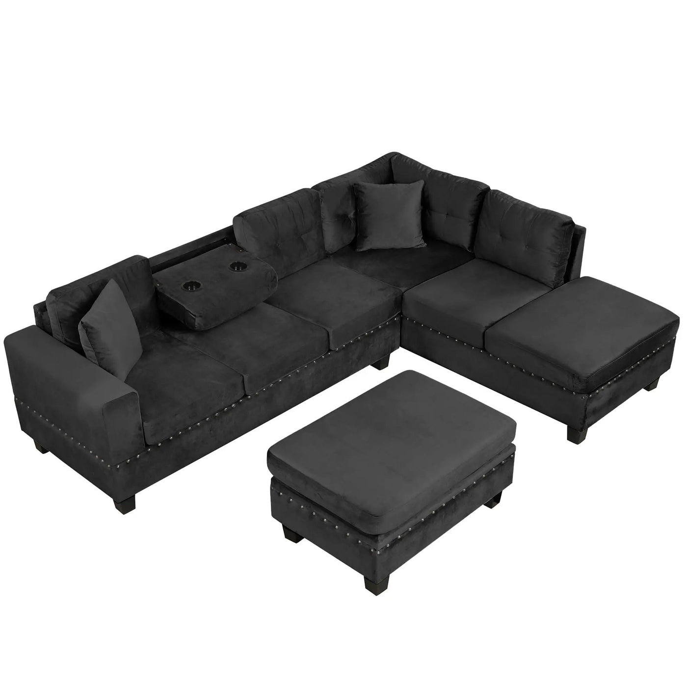 Modern Sectional Sofa With Storage Ottoman, L - Shape Couch With 2 Pillows And Cup Holders by HouseOfZazla