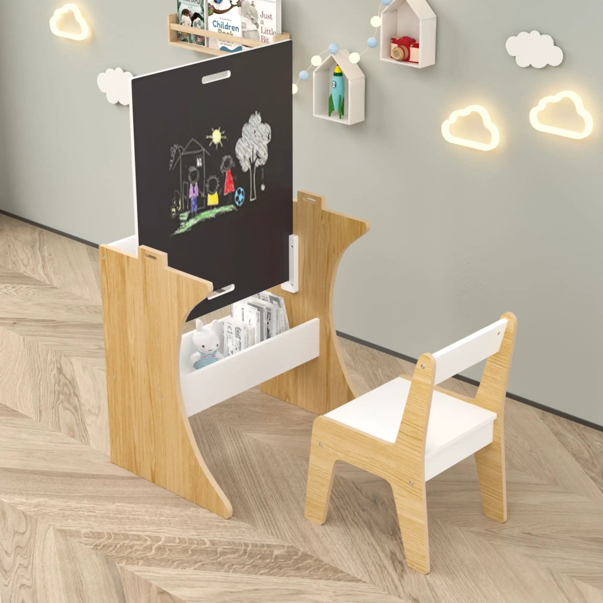 Table Set With 1 Chair, Multifunctional Study Table Convertible Top for Study, Drawing & Play - White by HouseOfZazla