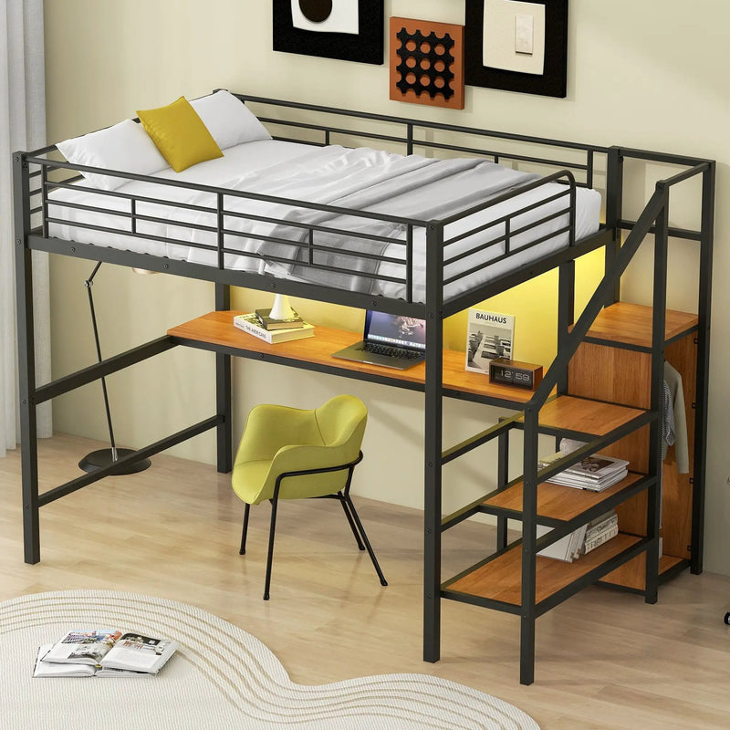 Loft Bed With Desk, Storage Staircase, Small Wardrobe And LED Light by Unique Piece Furniture