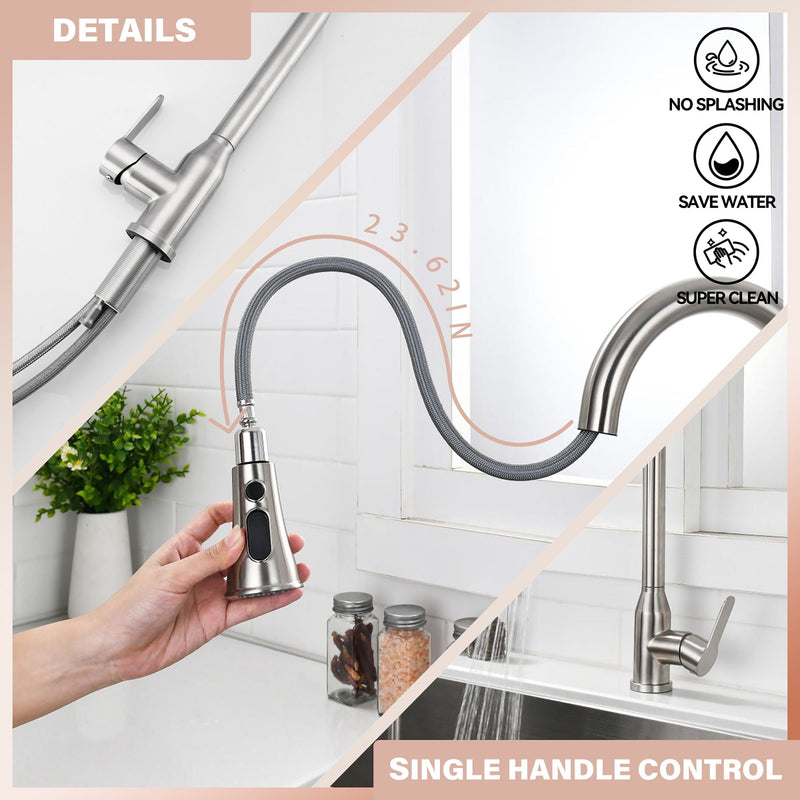 Stainless Steel High Arc Kitchen Faucet With Pull Down Sprayer - Brushed Nickel by HouseOfZazla