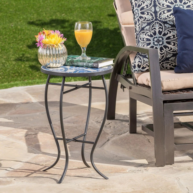 Outdoor Round Side Table With Mosaic Style Top And Curved Iron Legs - Blue / Matte Black by HouseOfZazla