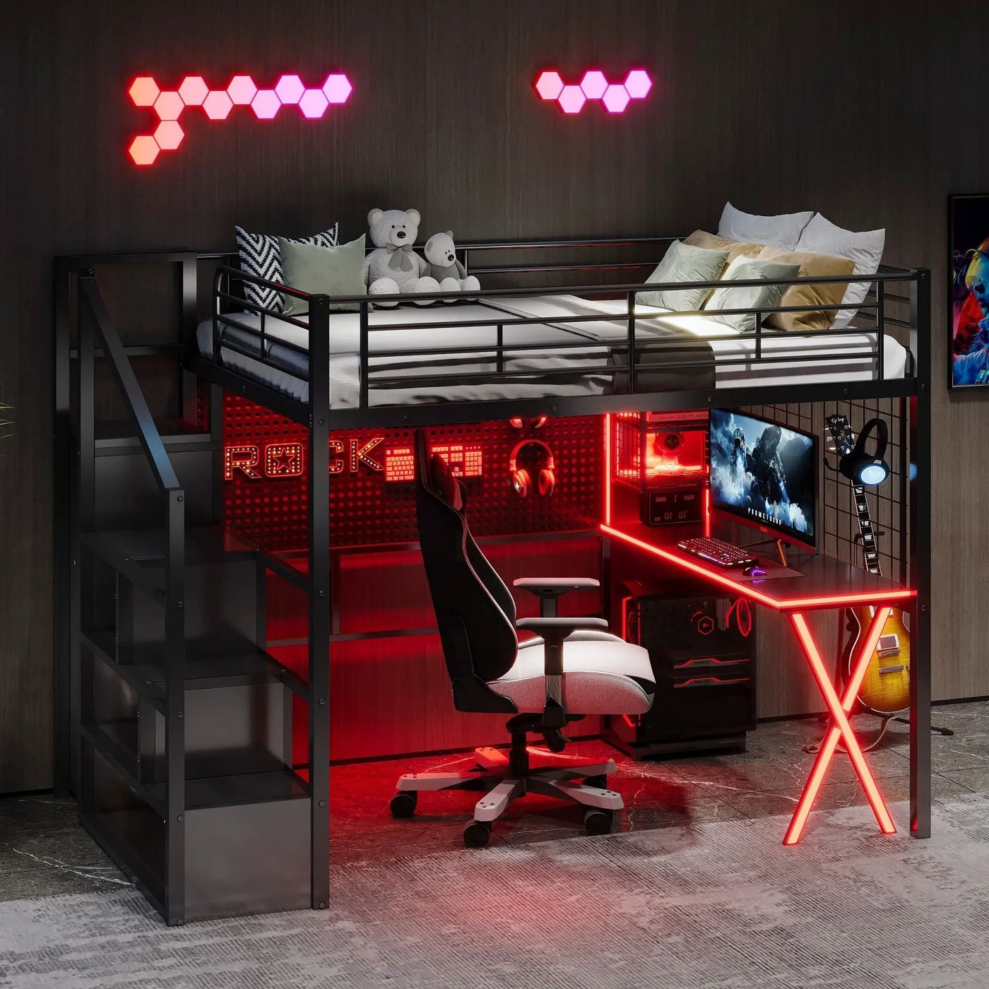 Loft Bed With Built In Work Station, Wardrobe, Storage Staircase And LED by Unique Piece Furniture