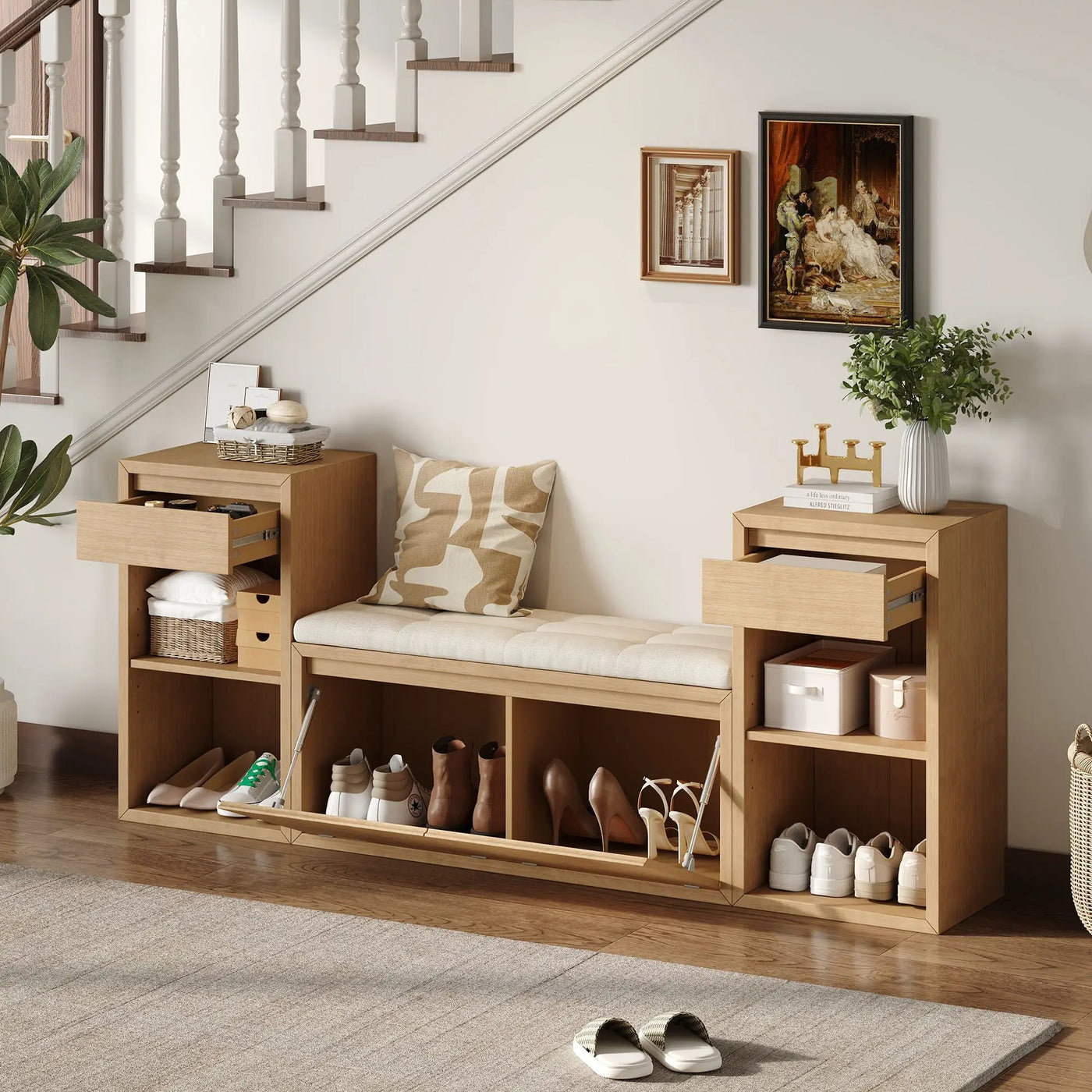 Entryway Storage Bench With Cushion, Drawers & Open Shelves by Unique Piece Furniture