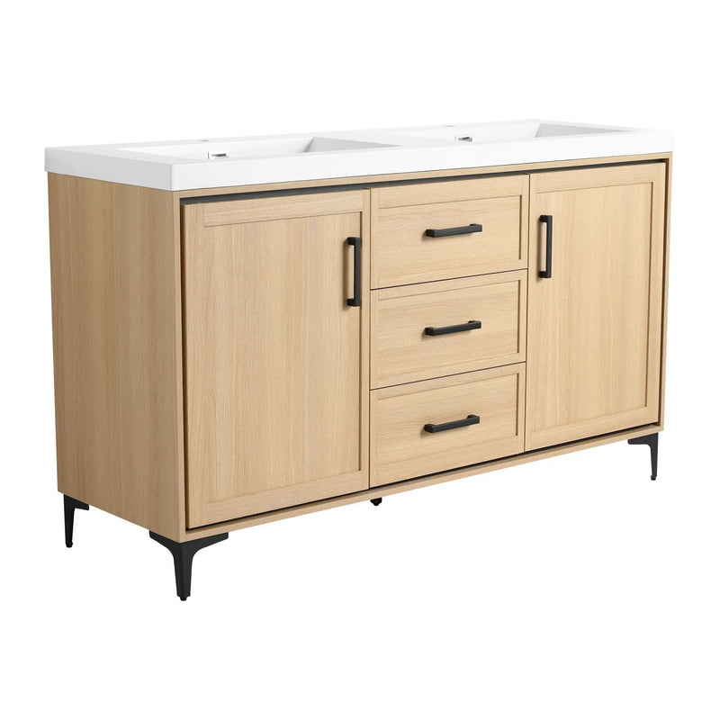 Original 60" Freestanding Bathroom Vanity With Double Resin Sink Plywood Soft Closing Doors & Drawers - Oak by HouseOfZazla