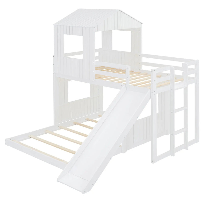 Loft Bunk Bed With Playhouse, Farmhouse, Ladder, Slide And Guardrails by HouseOfZazla