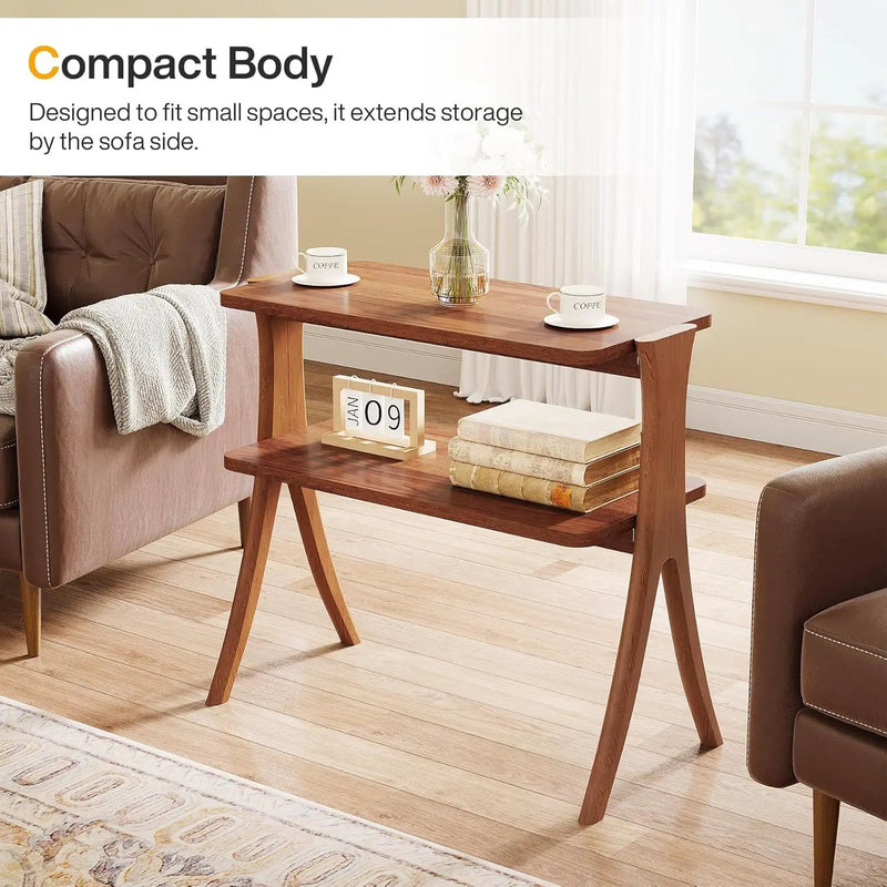 Narrow 2 Tier Side Slim Accent Table For Living Bedroom Or Entryway, Space Saving Furniture With Storage Shelf - Walnut by HouseOfZazla
