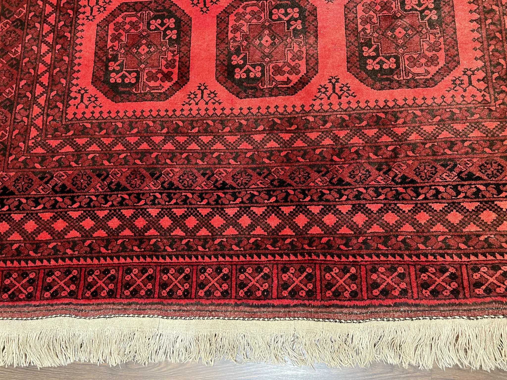 Afghan Turkoman Rug 7x10, Vintage Yamud Beshir Bokhara Carpet, Red and Black Bukhara Hand-Knotted Oriental Wool Handmade Rug, Elephant Foot by Jewel Rugs