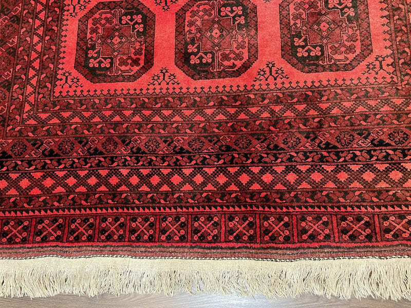Afghan Turkoman Rug 7x10, Vintage Yamud Beshir Bokhara Carpet, Red and Black Bukhara Hand-Knotted Oriental Wool Handmade Rug, Elephant Foot by Jewel Rugs