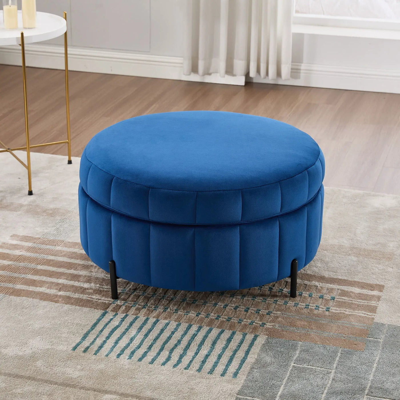 Upholstered Round Ottoman With Reversible Lid, Channel Tufted Pumpkin Shape by Unique Piece Furniture