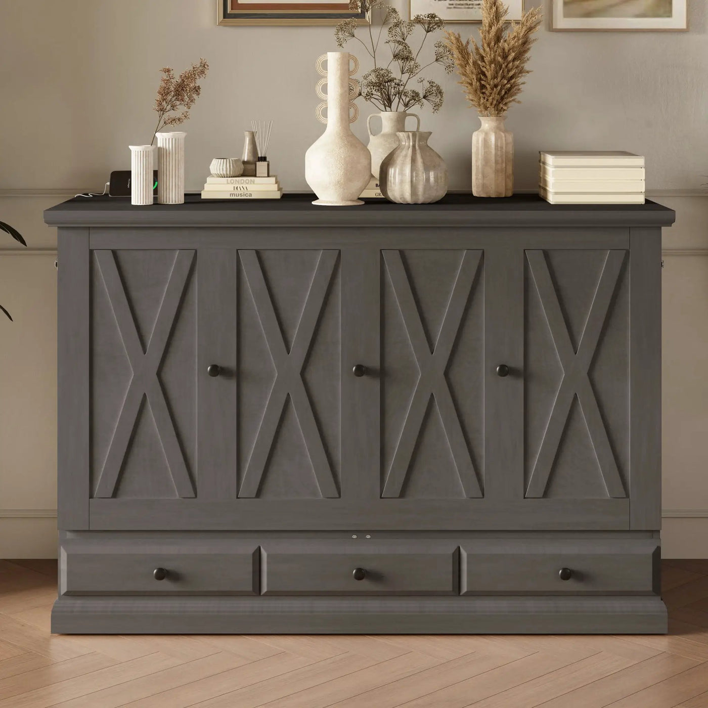 Solid Pine Murphy Bed Chest Cube Cabinet Bed With Charging Station And Large Storage Drawer For Home Office Or Small Room by Unique Piece Furniture