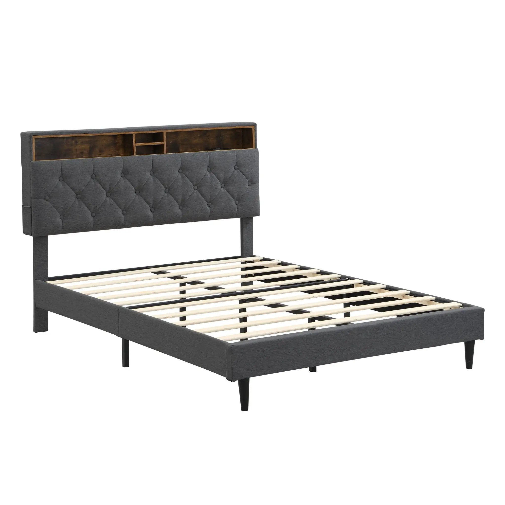 Modern Upholstered Platform Bed Frame With Button Tufted Headboard And USB Ports by HouseOfZazla