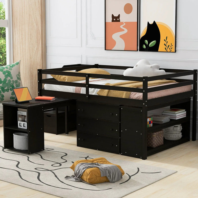 Loft Bed With Retractable Writing Desk And 3 Drawers With Storage Stairs And Shelves by Unique Piece Furniture
