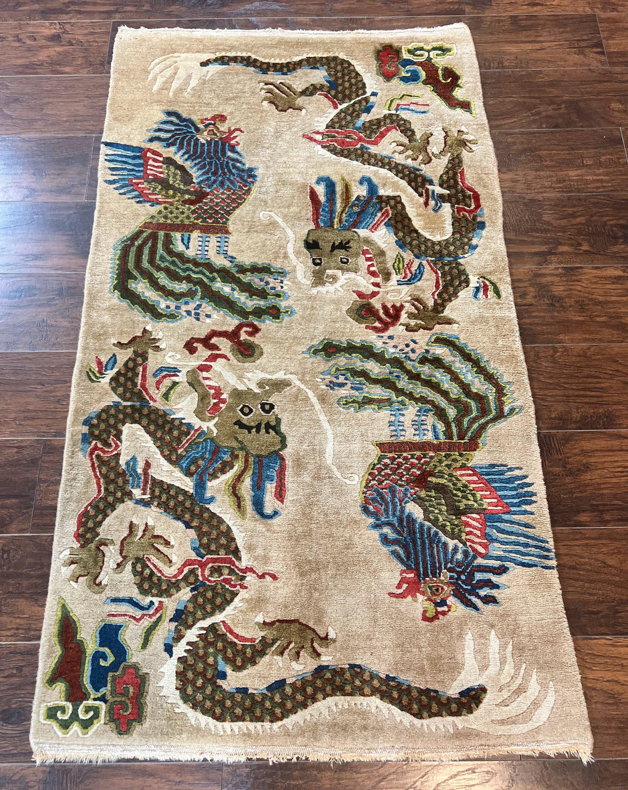 Antique Chinese Peking Rug 3 x 5.6, Dragon Motifs, Handmade Wool Asian Oriental Carpet by Jewel Rugs