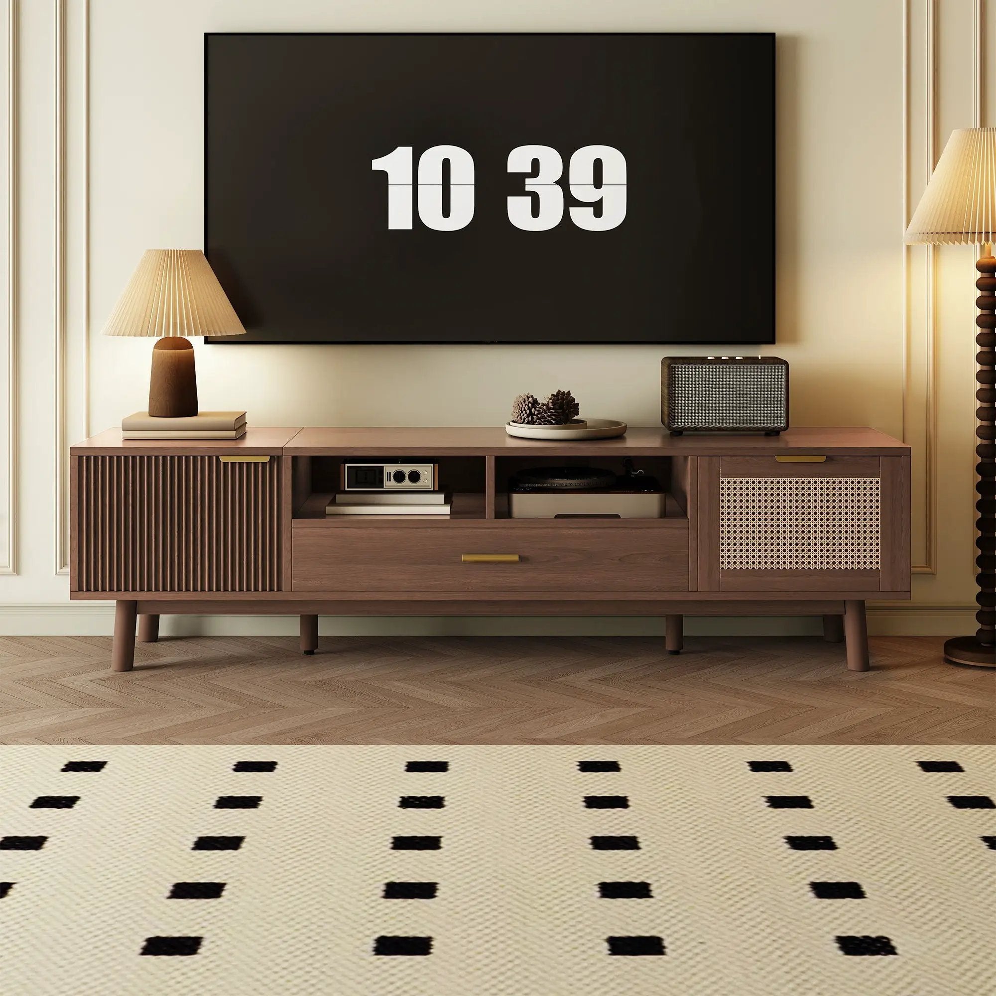 TV Stand for 75" TVs with Soft-Closing Doors and Drop-Down Cabinet by HouseOfZazla