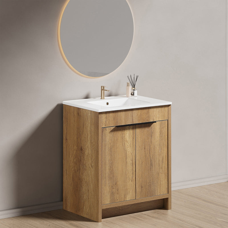 30inch Floor-Standing Bathroom Vanity with 3D Grooved Panel and Integrated Ceramic Sink by HouseOfZazla