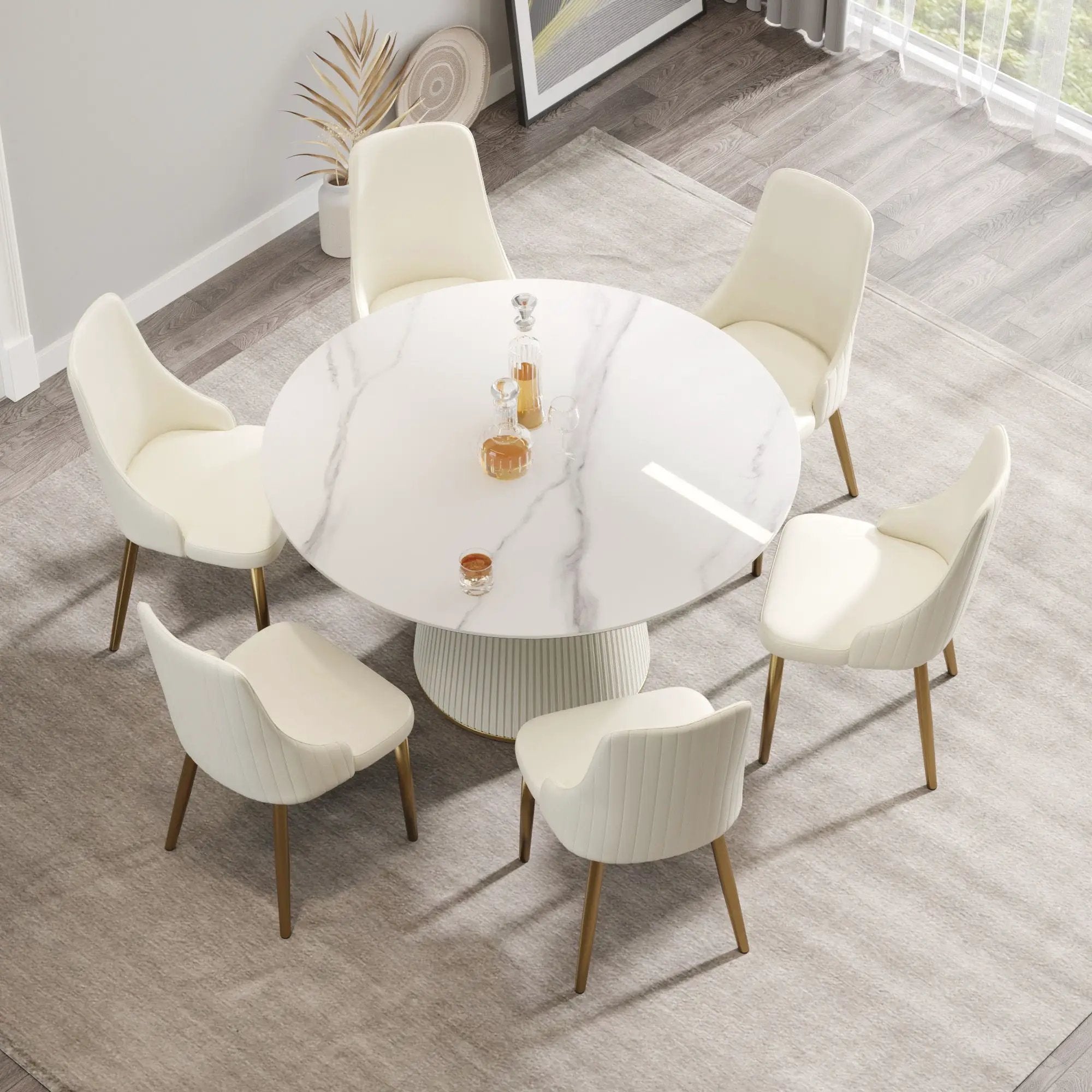 Modern Artificial Stone Round Plywood Base Dining Table, Can Accommodate 6 People, (Not Including Chairs) - White / Beige by HouseOfZazla