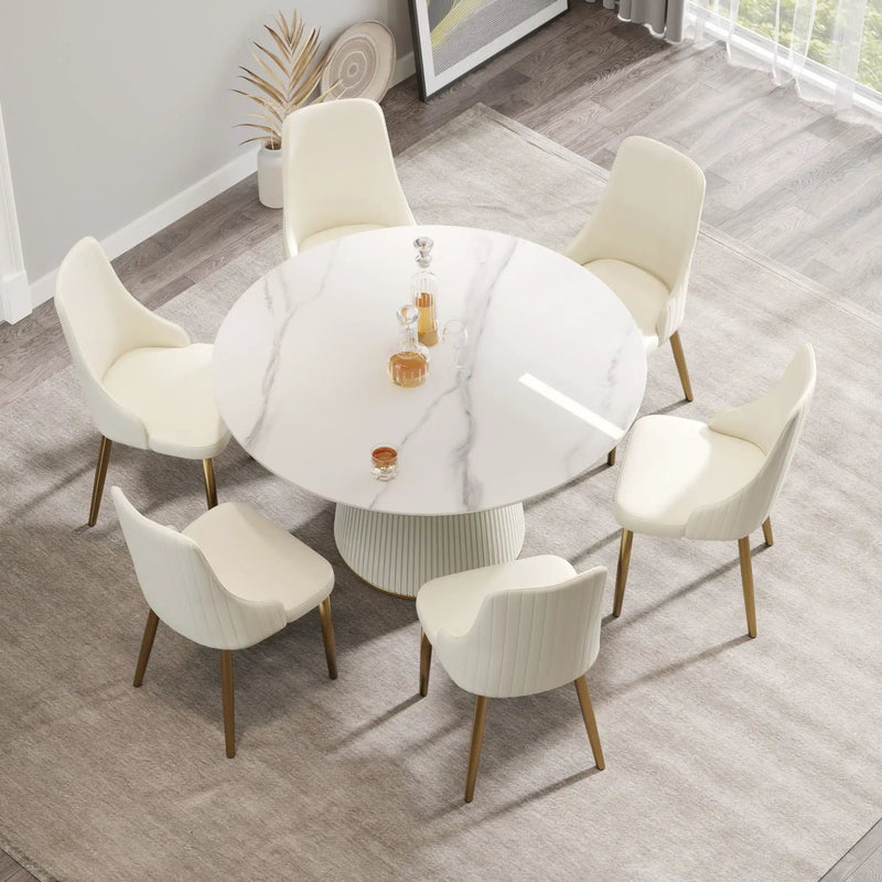 Modern Artificial Stone Round Plywood Base Dining Table, Can Accommodate 6 People, (Not Including Chairs) - White / Beige by HouseOfZazla