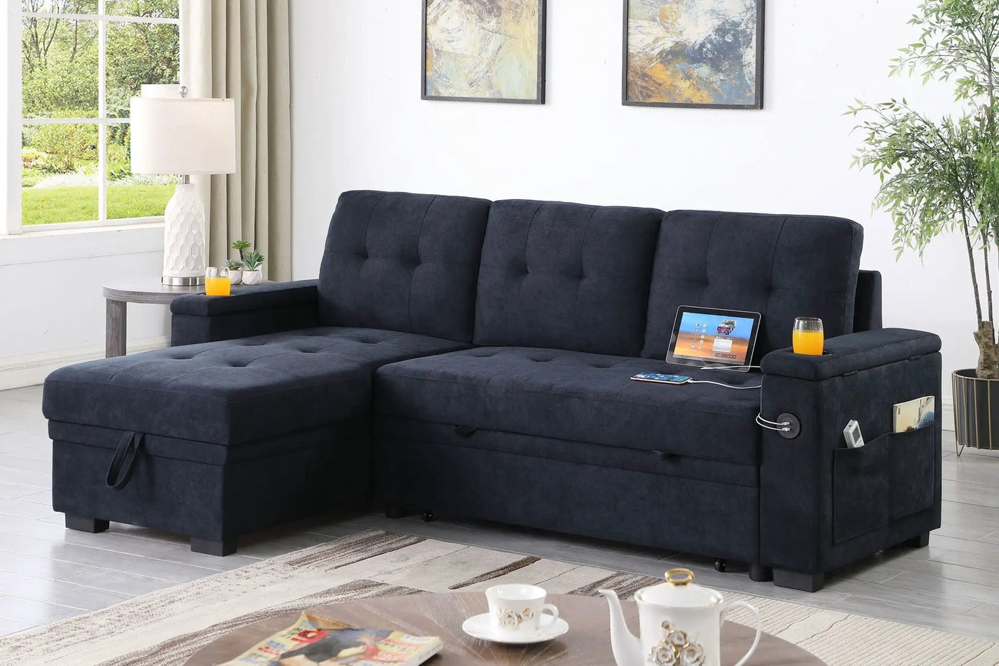 Ashlyn II - 84"W Woven Fabric Reversible Sleeper Sectional Sofa with Storage Chaise by Unique Piece Furniture