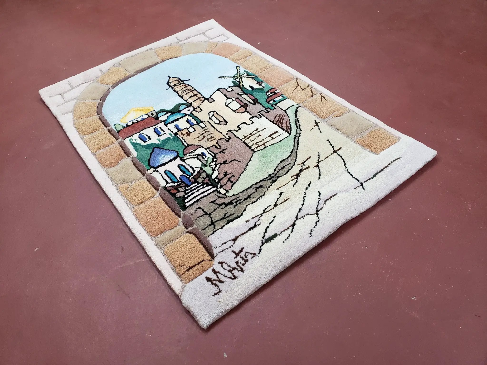 Small Judaica Rug, Rug with Jerusalem Pictorial, Chanuka Gift, Hand-Tufted, Jerusalem Gate, Vintage Judaica, Western Wall Rug, 3x4 Rug by Jewel Rugs