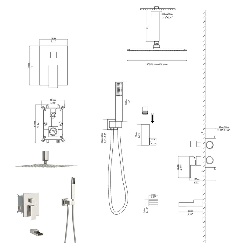 16" Ceiling Mount Square Shower System With Waterfall Tub Spout And Rough In Valve by HouseOfZazla