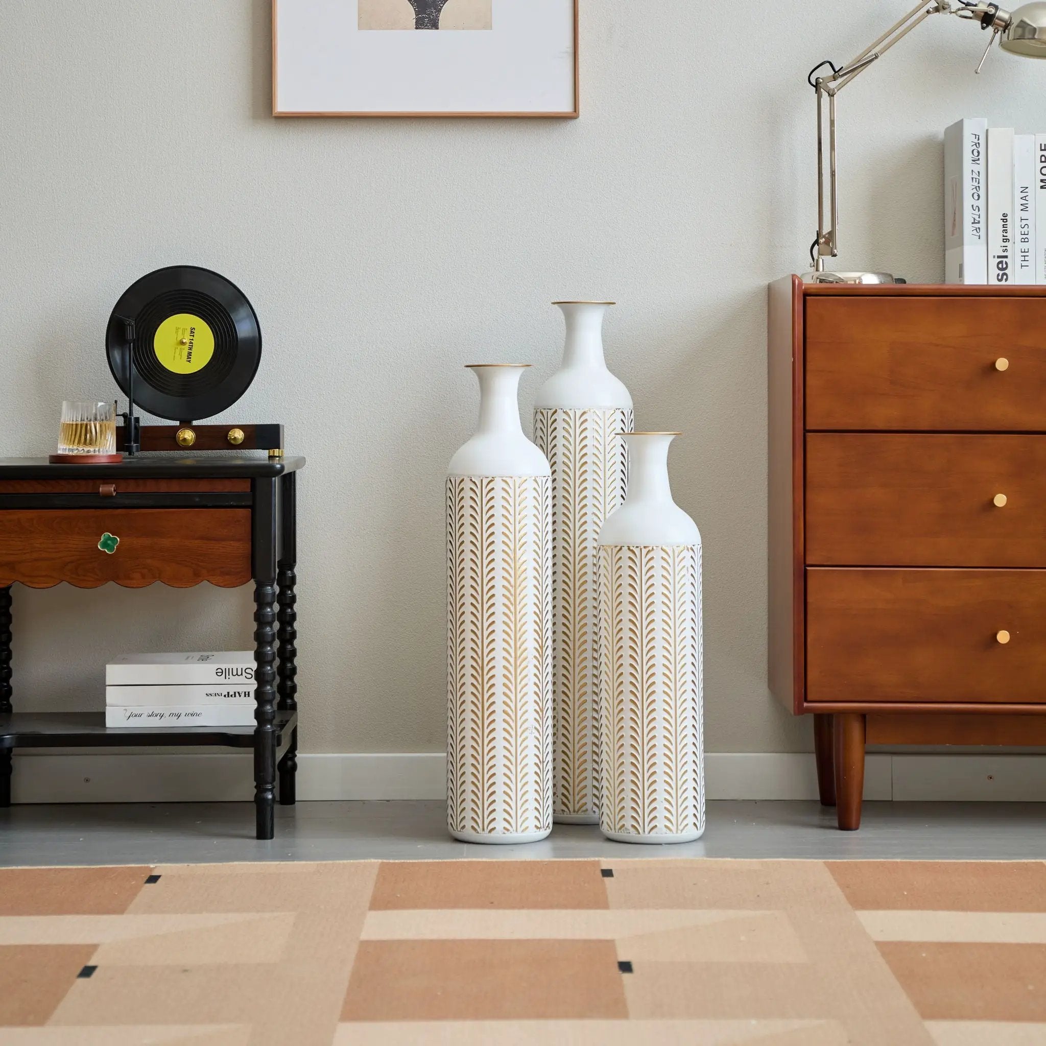Floor Metal Vase Modern Style Decoration Home Metal Vase 3 Piece Set Gorgeous Home Decoration Large Glazed Metal Vase - Gold / White by HouseOfZazla