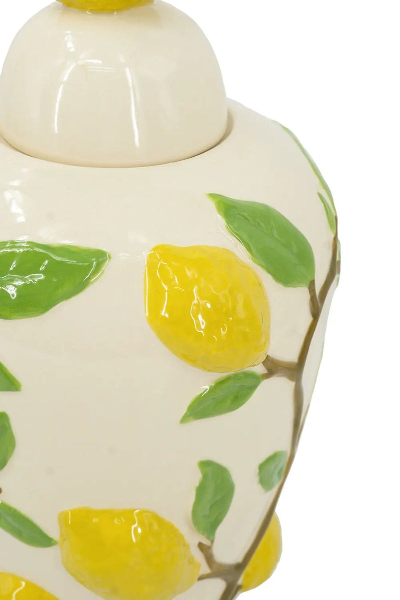 8.7x8.7x15' White Ceramic Lidded Jar with Playful Lemon Design by HouseOfZazla