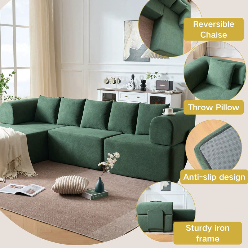 Modular L-Shaped Sectional Sofa With Deep Seat, Movable Chaise & 5 Pillows by HouseOfZazla