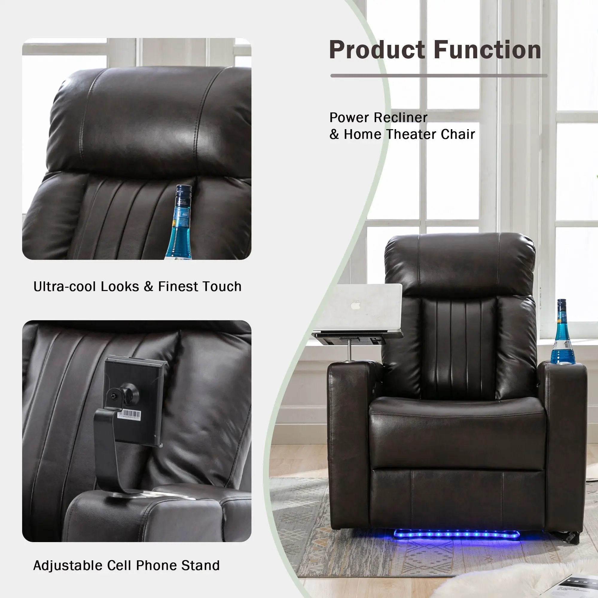 Power Recliner With Storage Arms, Cupholders, Swivel Tray Table And Cell Phone Stand - Brown by HouseOfZazla
