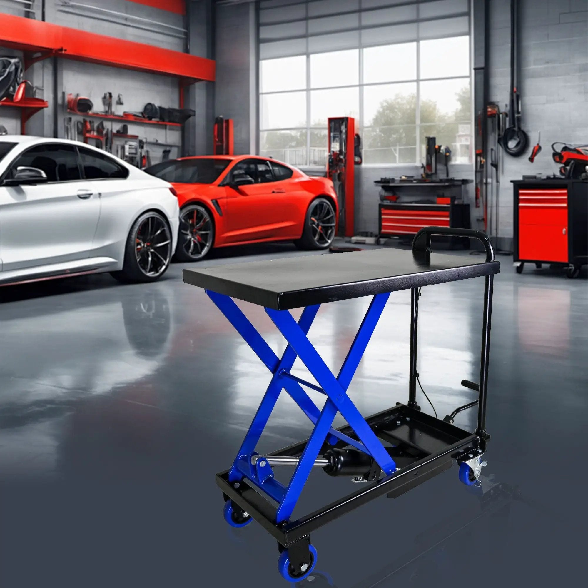 Hydraulic Lift Trolley, 500 Lbs Capacity, With 4 Wheels, For Material Handling And Transportation - Black / Blue by HouseOfZazla