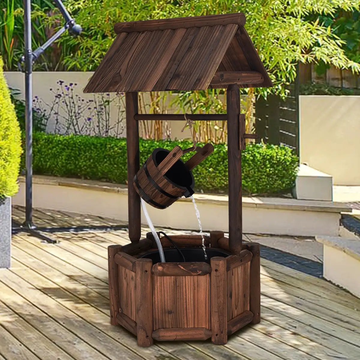 Garden Rustic Wishing Well Wooden Water Fountain with Pump by DirectDeals