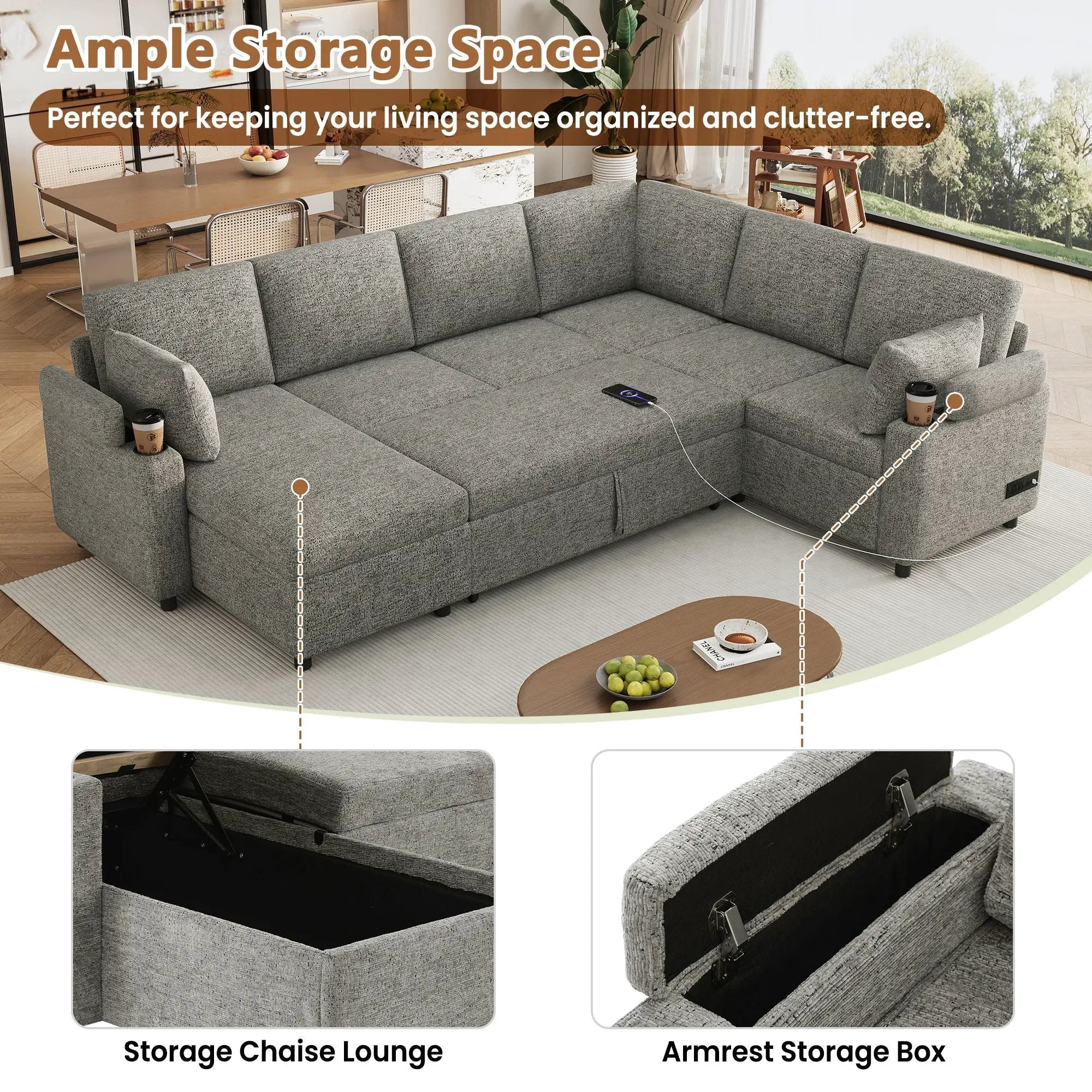 U-Shaped Sectional Sleeper Sofa With Ample Storage Space, 2 Cup Holders And Charging Ports For Living Room by HouseOfZazla