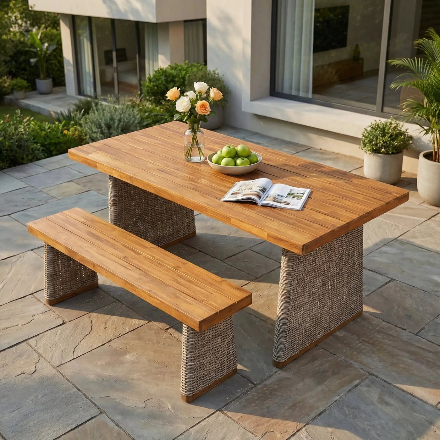 Outdoor Acacia Wood Dining Table Set with 1 Table and 1 Bench by HouseOfZazla