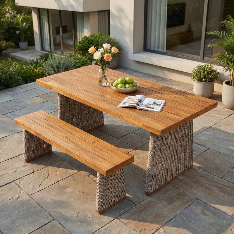 Outdoor Acacia Wood Dining Table Set with 1 Table and 1 Bench by HouseOfZazla