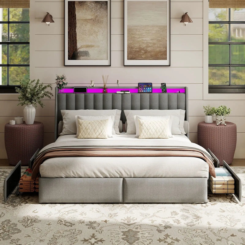 King Upholstered Bed Frame With 4 Storage Drawers, RGB LED Lights & USB / Type-C Charging Station by HouseOfZazla