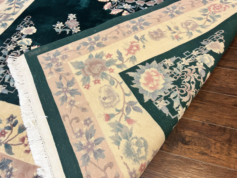Chinese Art Deco Rug 9x12, Wool Hand Knotted Vintage Carpet, Dark Green & Cream, 90 Line Carving Rug by Jewel Rugs