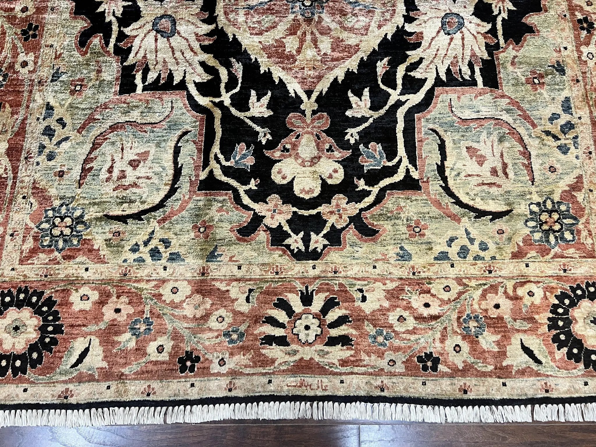 Pak Persian Rug 8x10, Pakistani Mahal Sultanabad Carpet, Signature from Master Weaver, Shiny Wool, Black Red Vintage Handmade Medallion Rug by Jewel Rugs