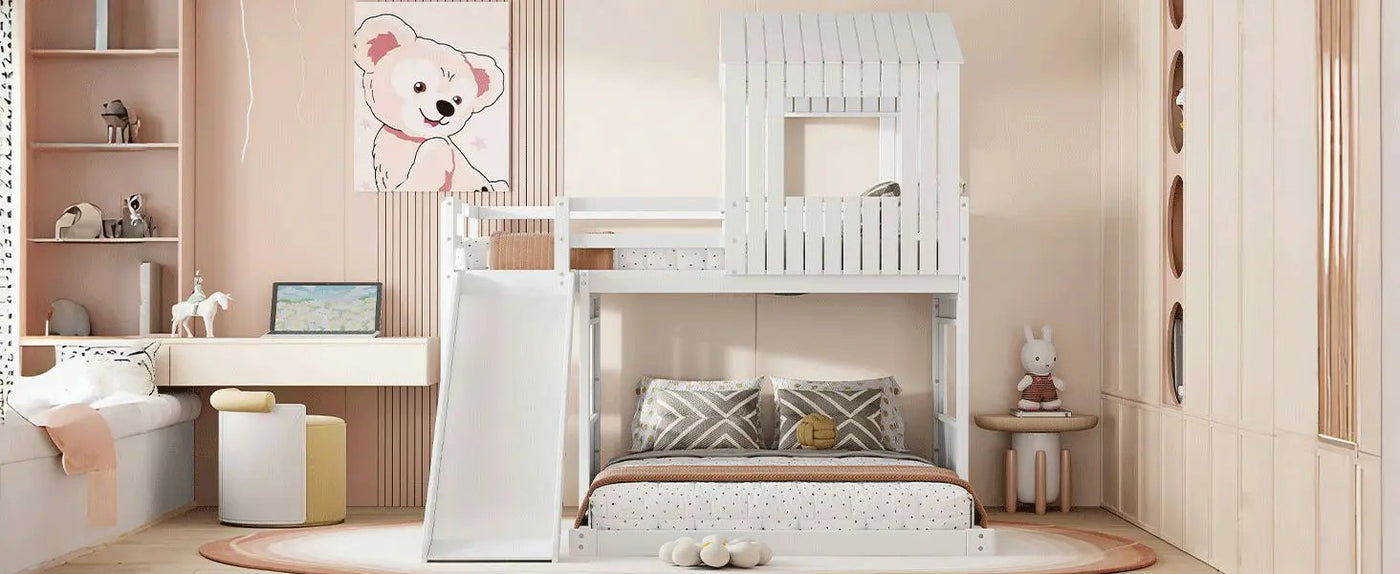 Loft Bunk Bed With Playhouse, Farmhouse, Ladder, Slide And Guardrails by HouseOfZazla