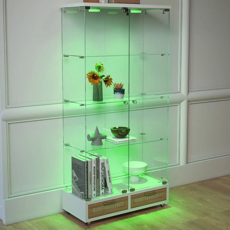 Glass Display Cabinet With LED Lights, Tempered Glass Doors, Large Drawers, 2 Door Storage Case With 4 Shelves - Natural / White by HouseOfZazla