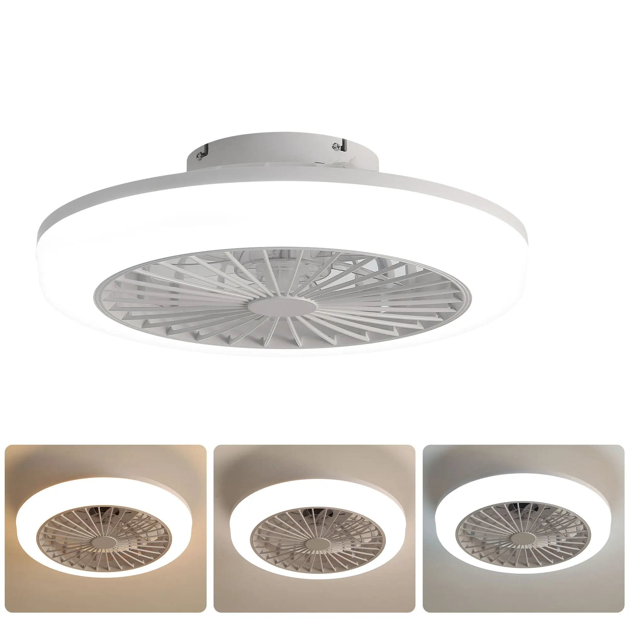 Enclosed Ceiling Fan With Light And Remote, Flush Mount Bladeless Low Profile - White by Unique Piece Furniture
