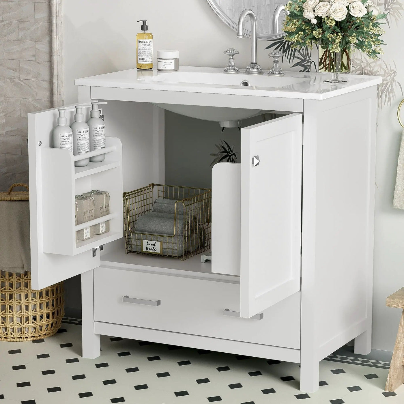 Bathroom Vanity With Single Sink, Combo Cabinet Undermount Sink, Bathroom Storage Cabinet With Two Doors And A Drawer, Soft Closing, Multifunctional Storage, Solid Wood Frame by Unique Piece Furniture