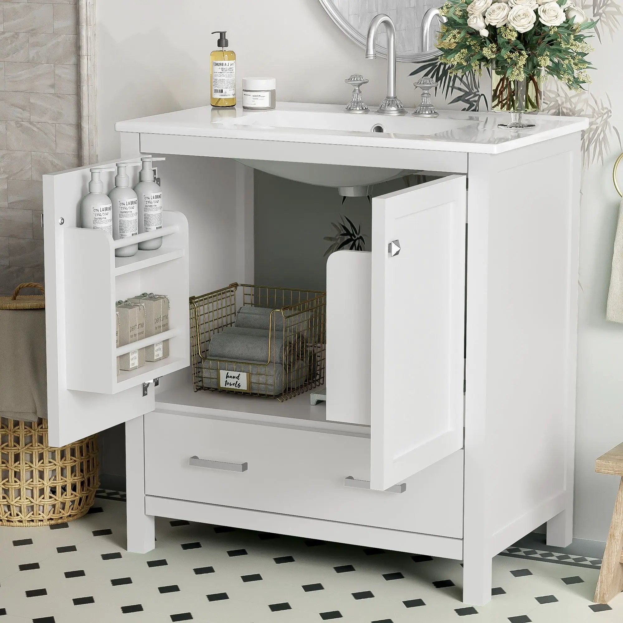 Bathroom Vanity With Single Sink, Combo Cabinet Undermount Sink, Bathroom Storage Cabinet With Two Doors And A Drawer, Soft Closing, Multifunctional Storage, Solid Wood Frame by HouseOfZazla