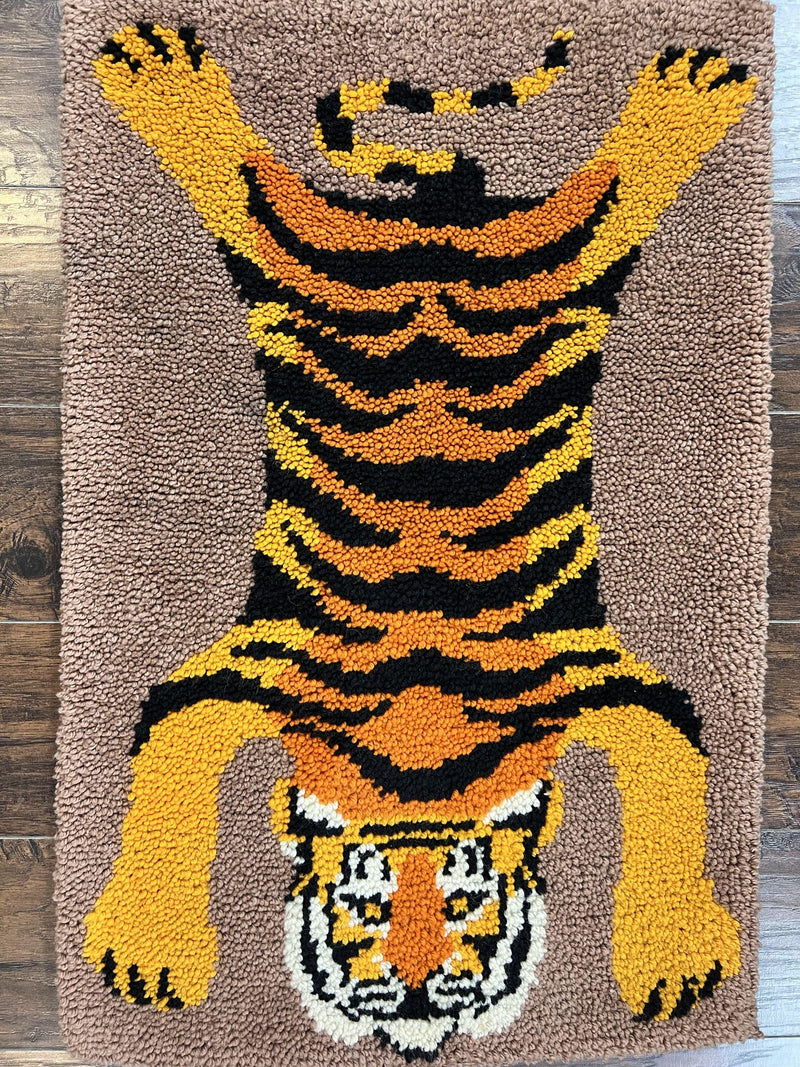 Small Hooked Rug 2x3, Tibetan Tiger Design, Wool, Unique Hooked Rug, Vintage by Jewel Rugs