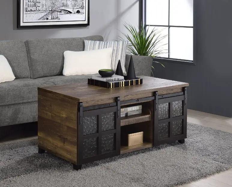 Nineel - Coffee Table - Obscure Glass, Rustic Oak & Black by Unique Piece Furniture