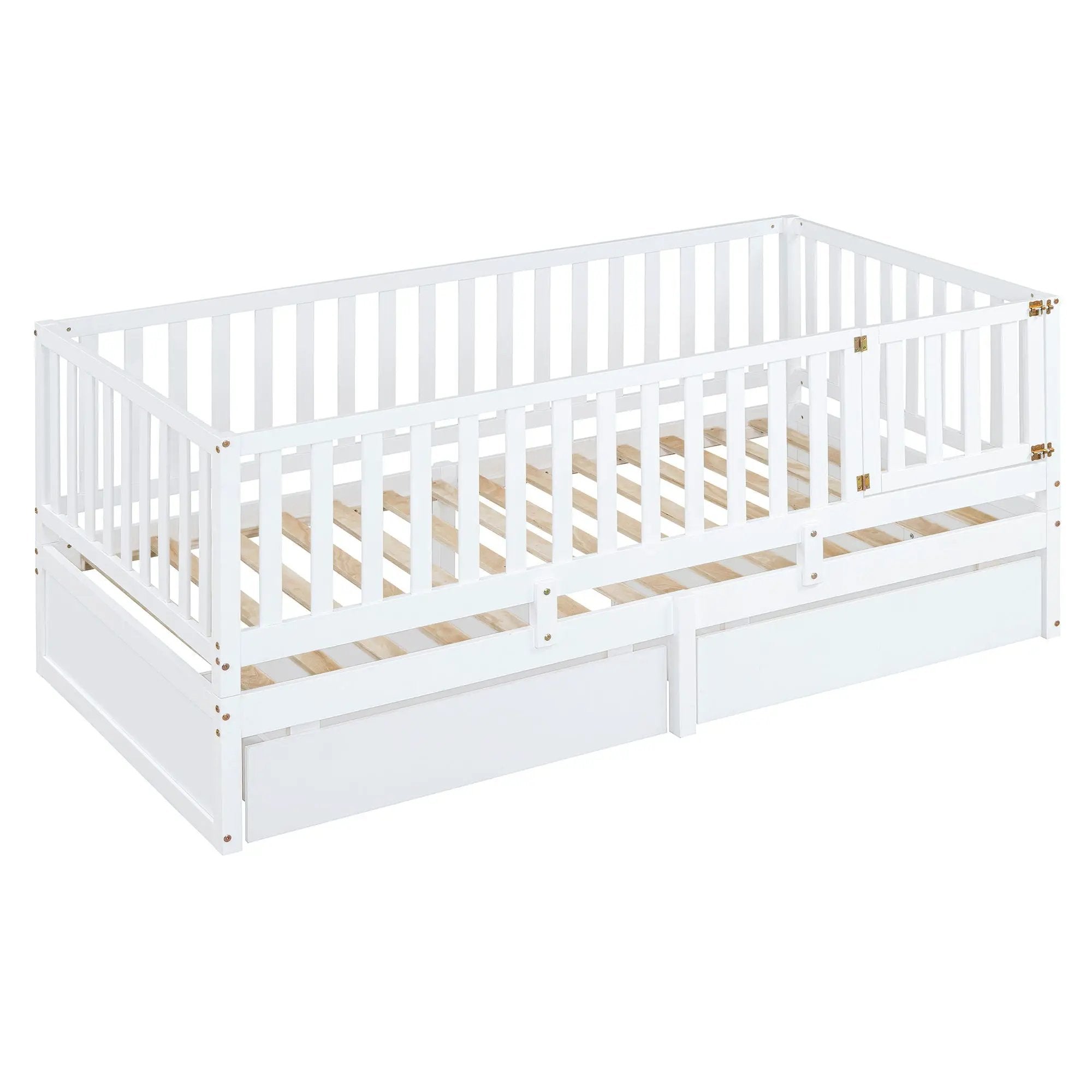 Daybed With Fence Guardrails And 2 Drawers, Split Into Independent Floor Bed & Daybed by HouseOfZazla