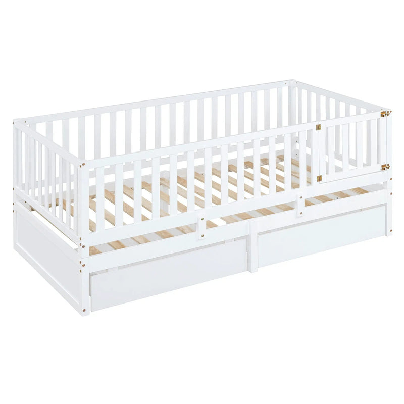 Daybed With Fence Guardrails And 2 Drawers, Split Into Independent Floor Bed & Daybed by HouseOfZazla
