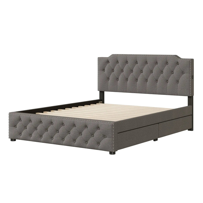 Upholstered Platform Bed With 2 Drawers And 2 Sets Of USB Ports On Each Side, Fabric by Unique Piece Furniture