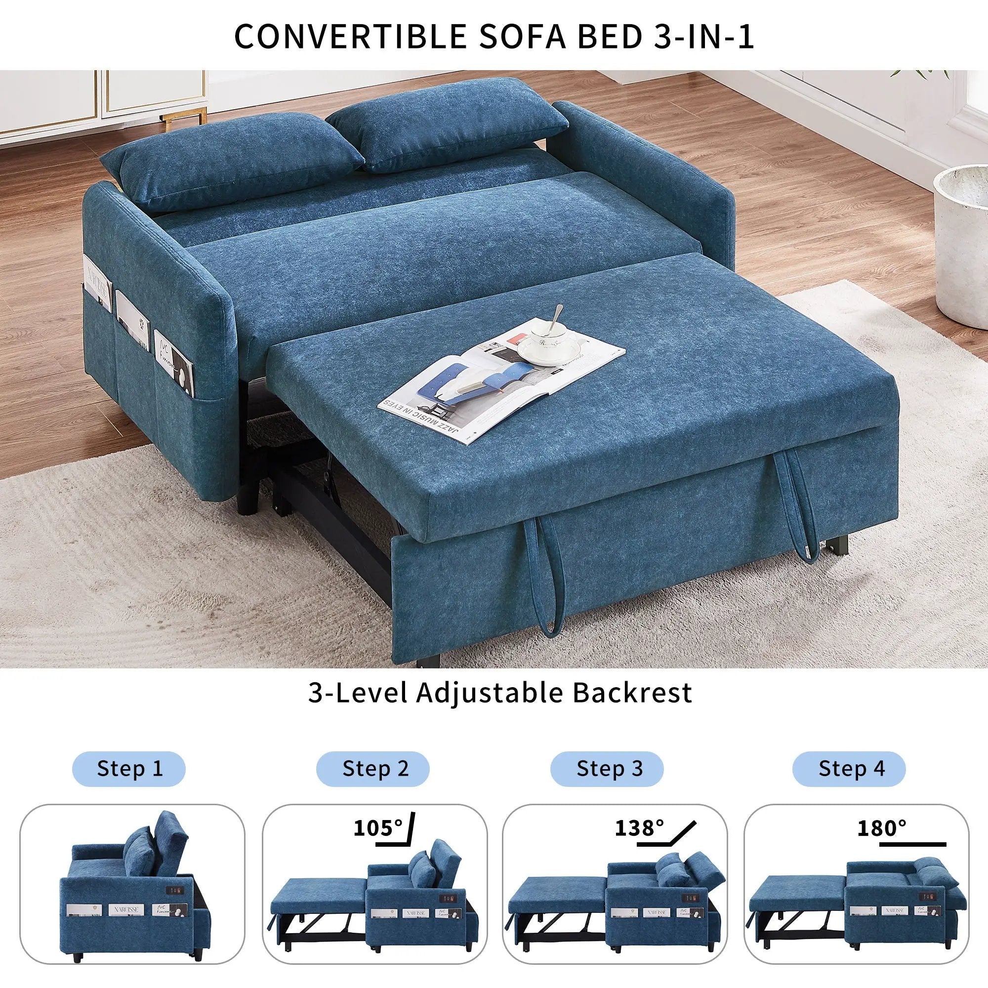 Pull Out Sleep Sofa Bed Loveseats Sofa Couch With Adjsutable Backrest, Storage Pockets, 2 Soft Pillows, USB Ports For Living Room, Bedroom, Apartment, Office by Unique Piece Furniture